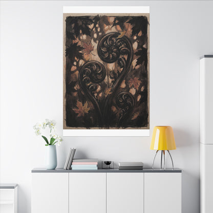 Mono No Aware Fern Unfurling Canvas Art - Dark Japandi Charcoal Ink