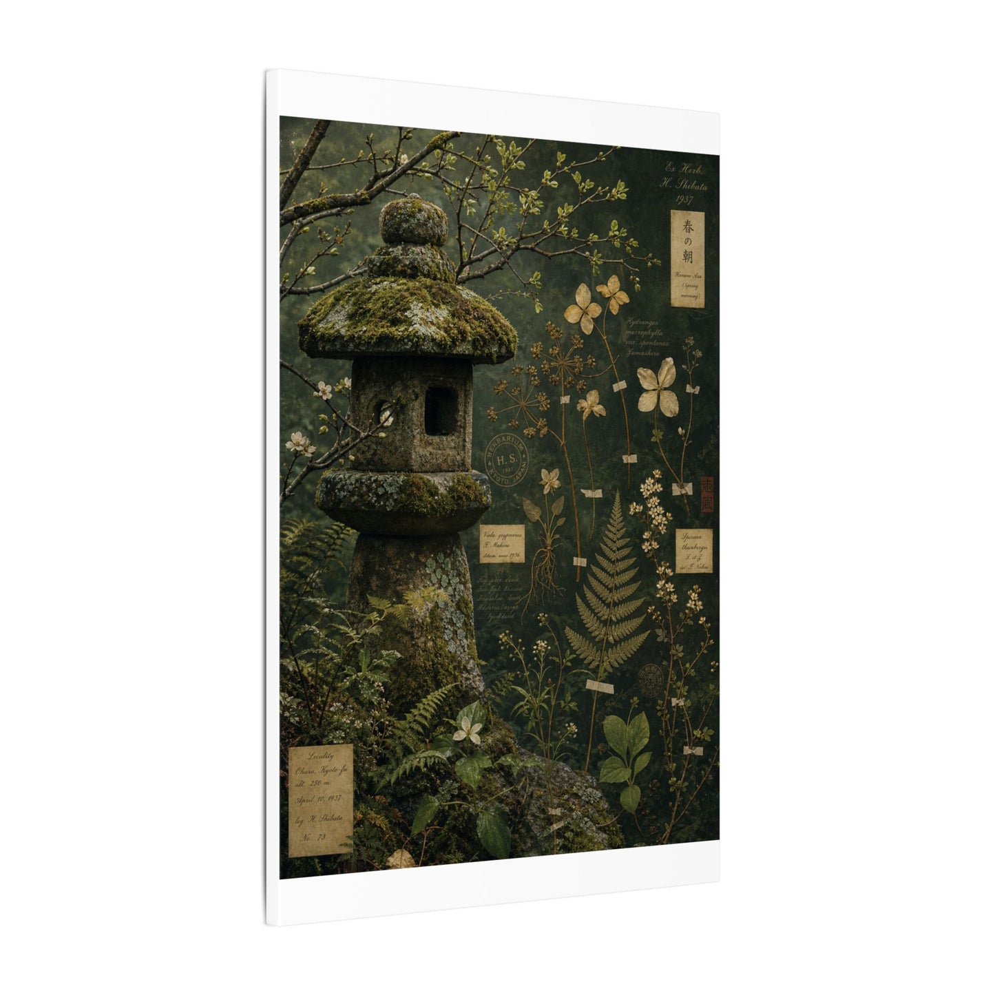 Spring Stone Lantern Herbarium Canvas Art | Nostalgic Decor