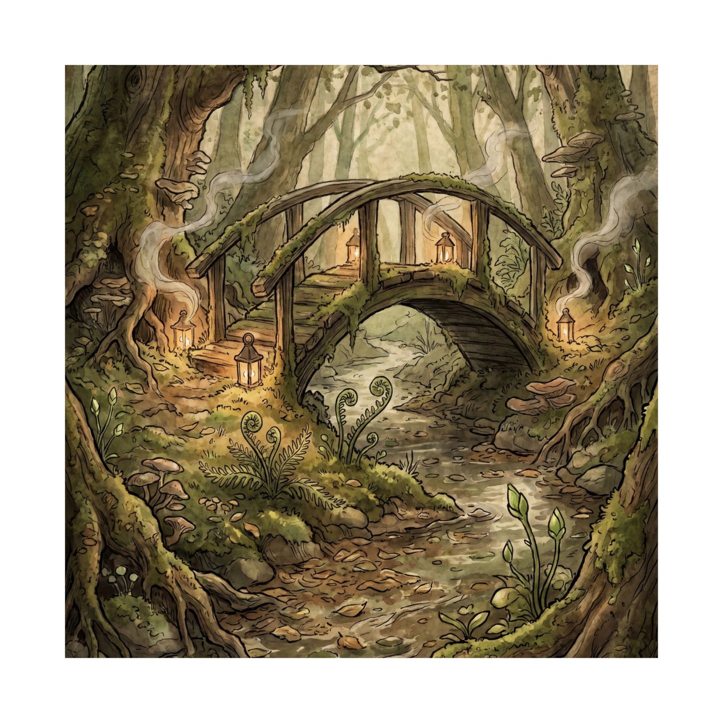 Spring Wooden Bridge Forest Whimsy Wall Art Print | Rustic Decor