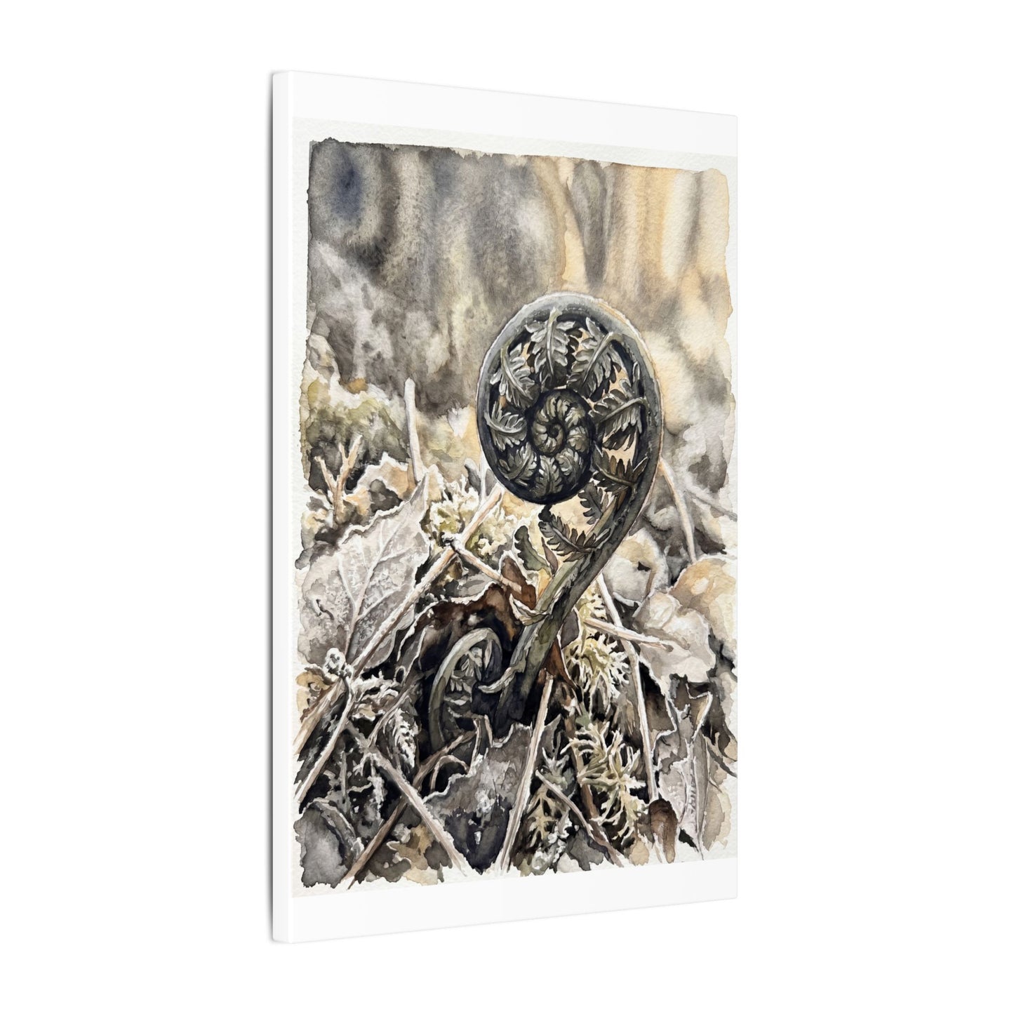 Japandi Fern Unfurling in Golden Hour | Watercolor Canvas Art