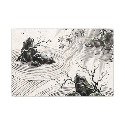 Rock Garden Canvas Art | Winter Zen Sumi E Art