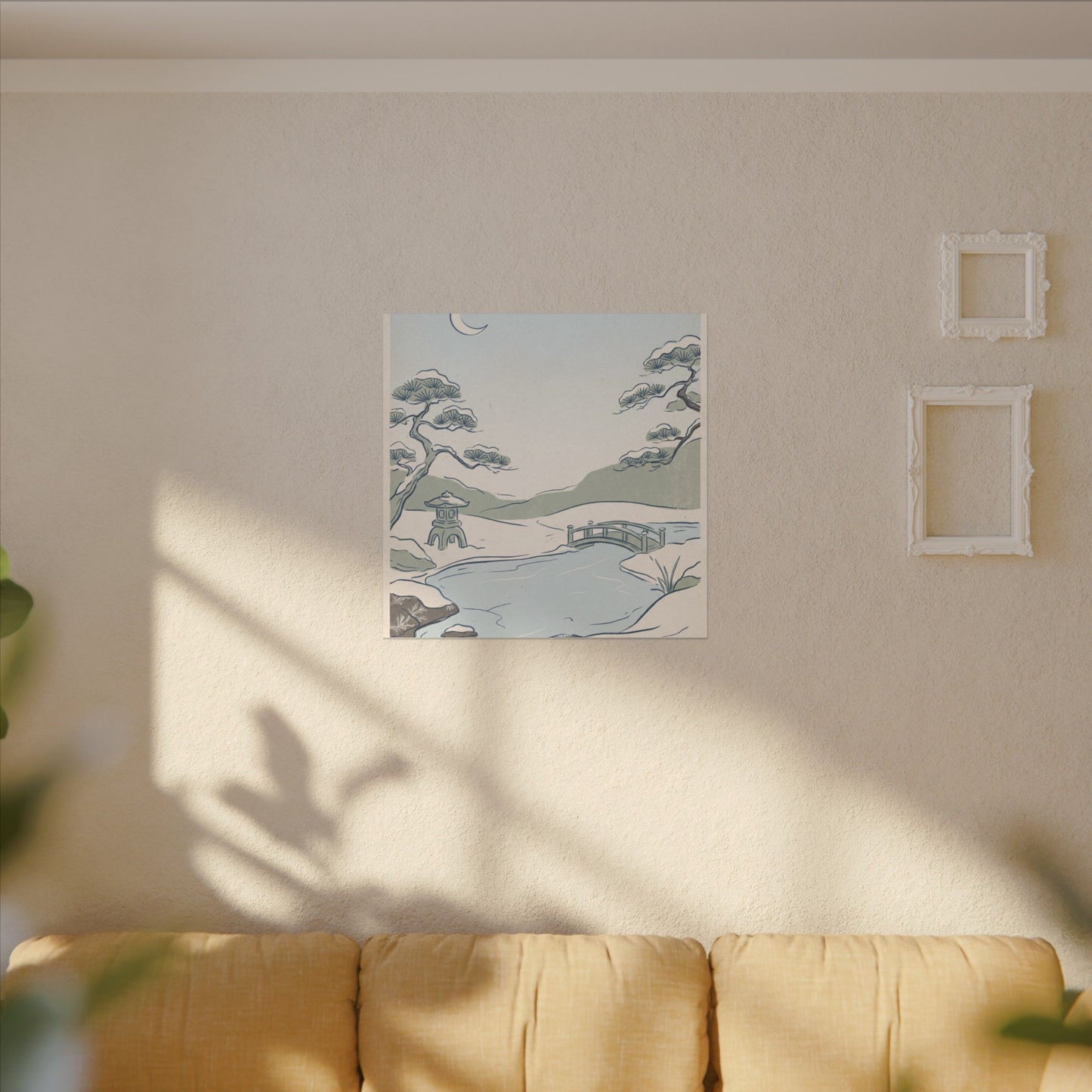 Japandi Moonlit Garden in Moonlight | Minimal Line Canvas Art