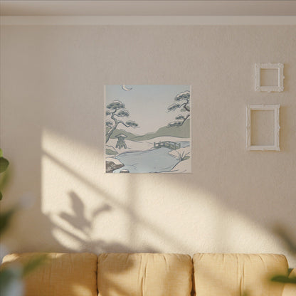 Japandi Moonlit Garden in Moonlight | Minimal Line Canvas Art