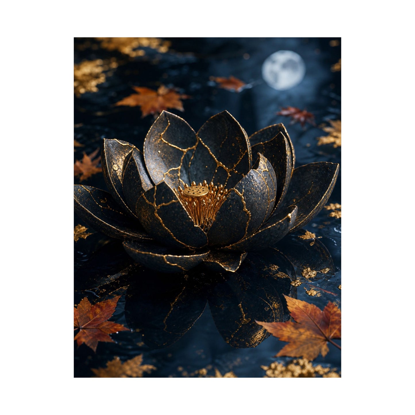 Kintsugi Lotus Flower in Moonlight | Gold Repair Wall Art Print