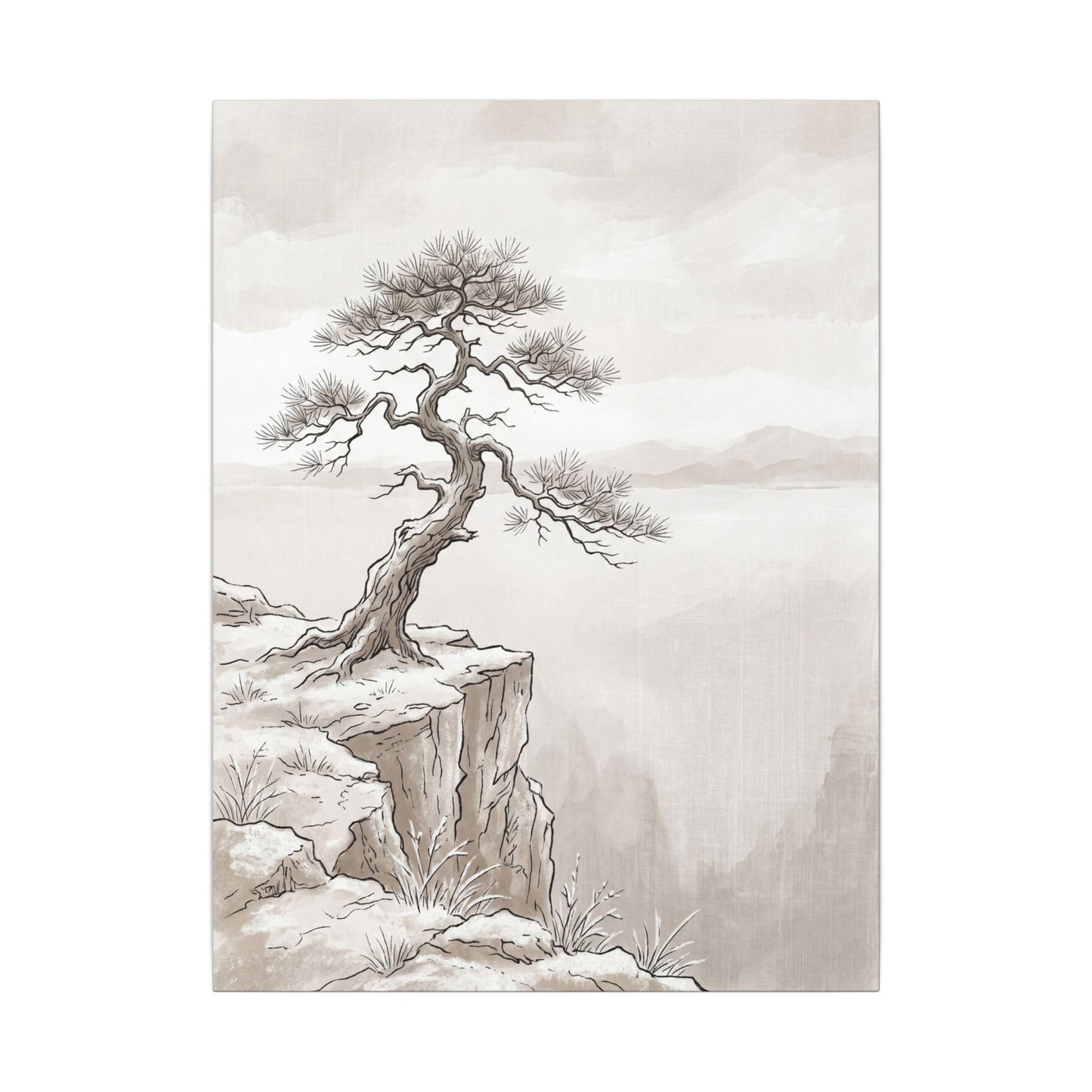 Neutral Pine Tree Canvas Art - Minimal Line Japandi