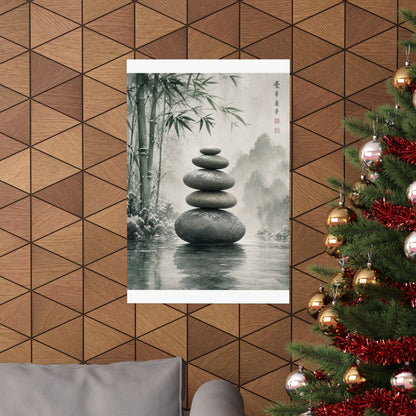 River Stones Sumi E Wall Art Print | Tranquil Zen Art