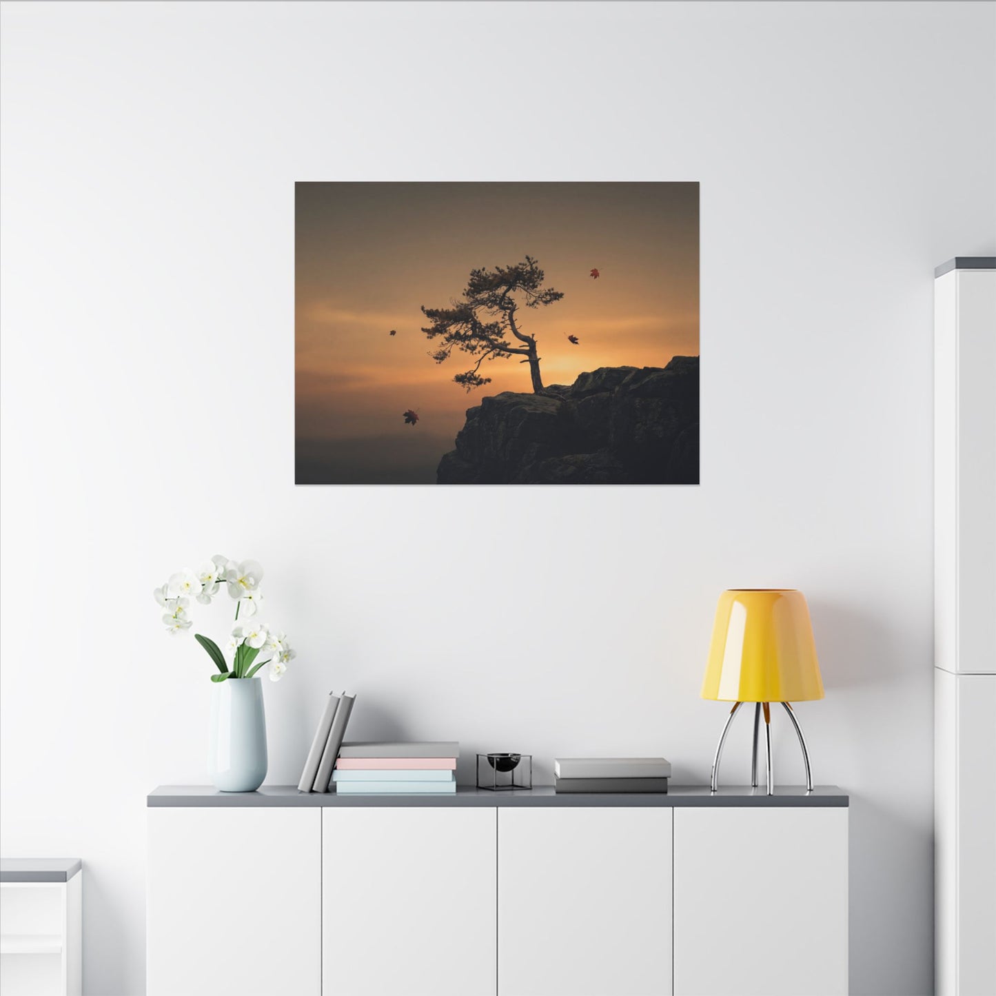 Dark Japandi Pine Tree in Golden Hour | Moody Minimal Canvas Art
