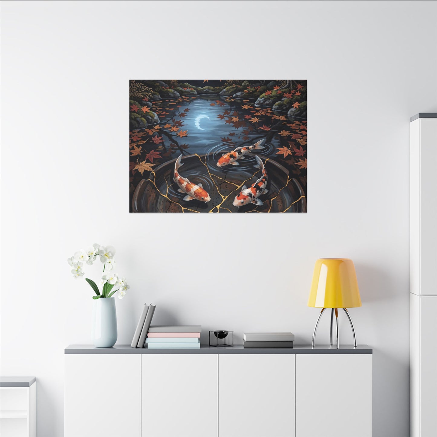 Koi Pond Canvas Art | Autumn Kintsugi Gold Repair Art