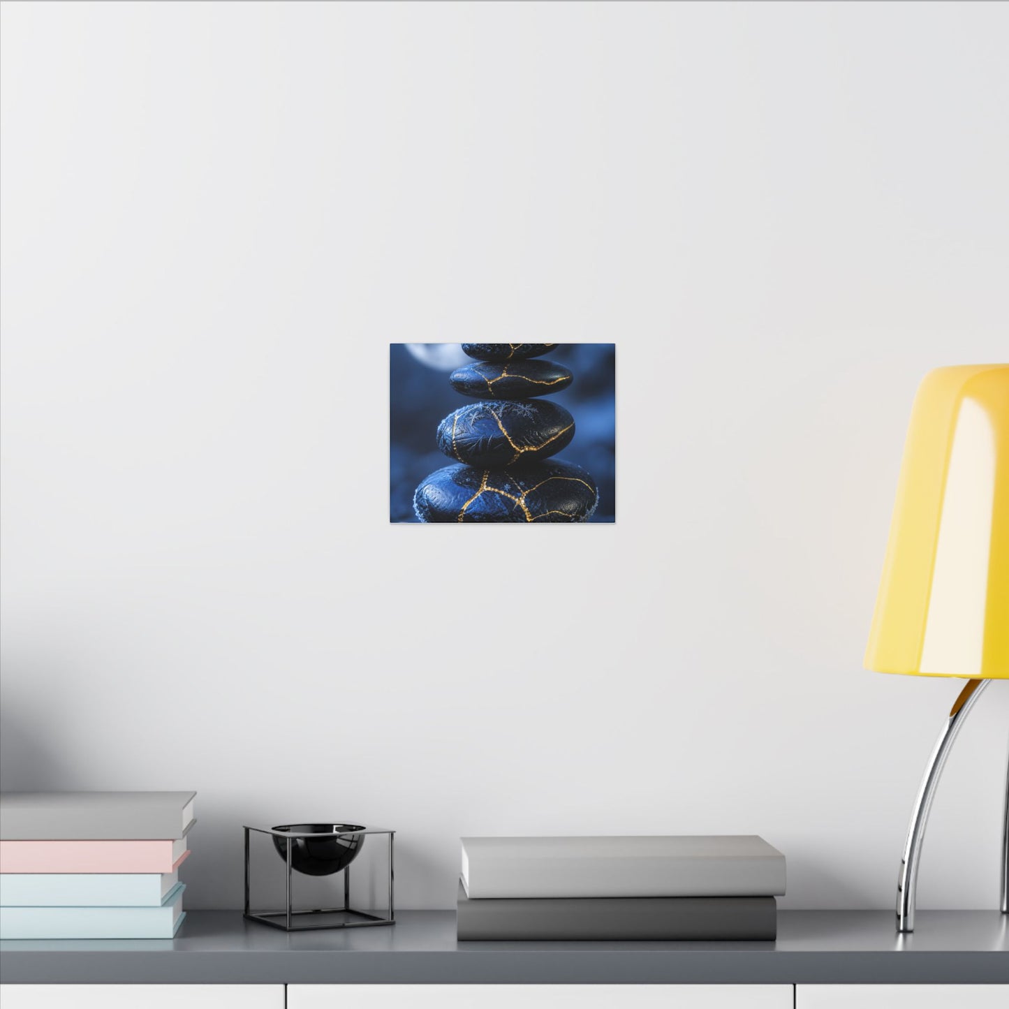 River Stones Canvas Art | Winter Kintsugi Gold Repair Art