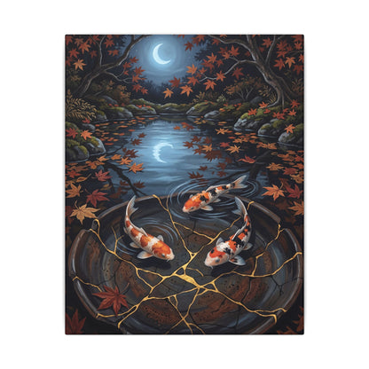 Koi Pond Canvas Art | Autumn Kintsugi Gold Repair Art
