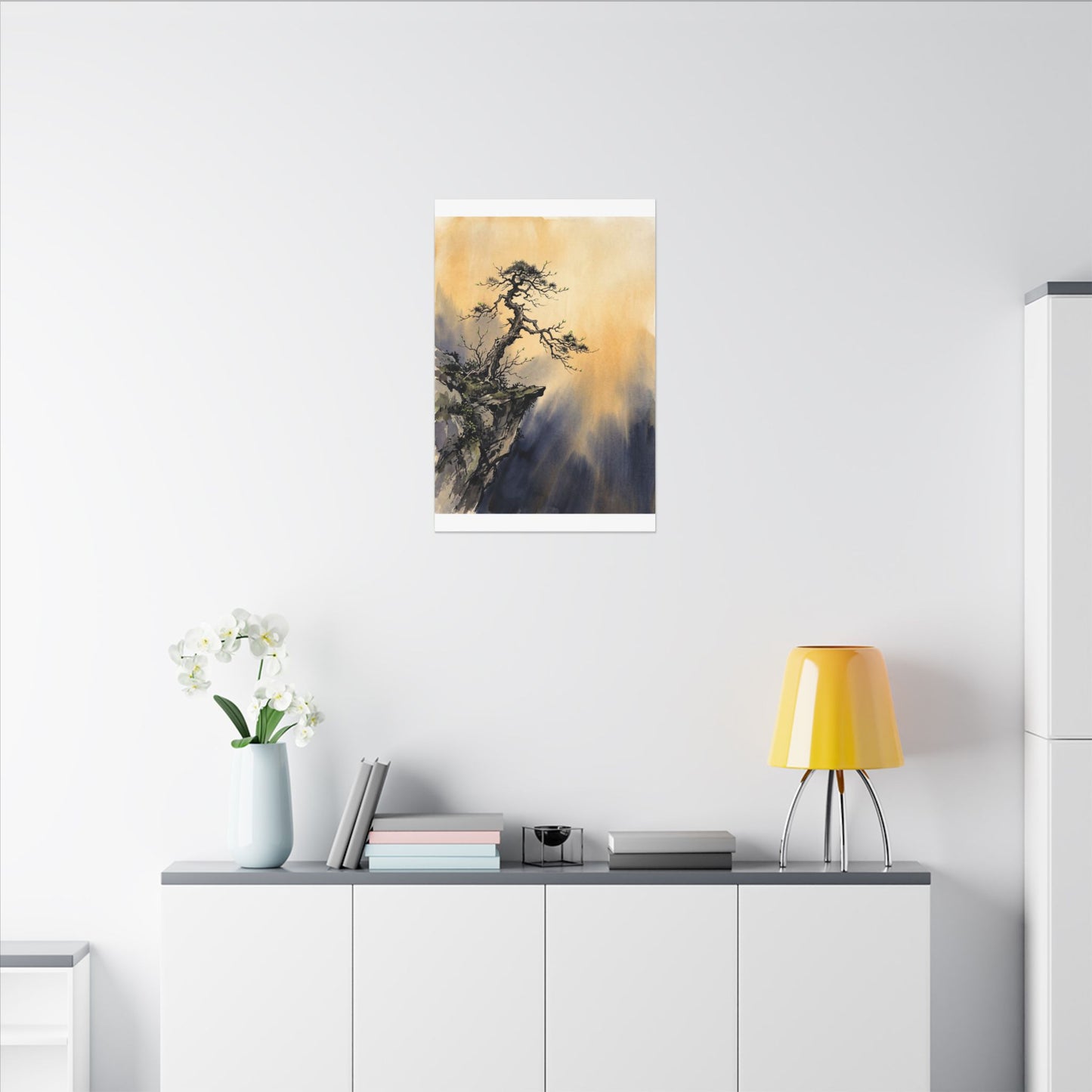 Zen Pine Tree in Golden Hour | Sumi E Canvas Art