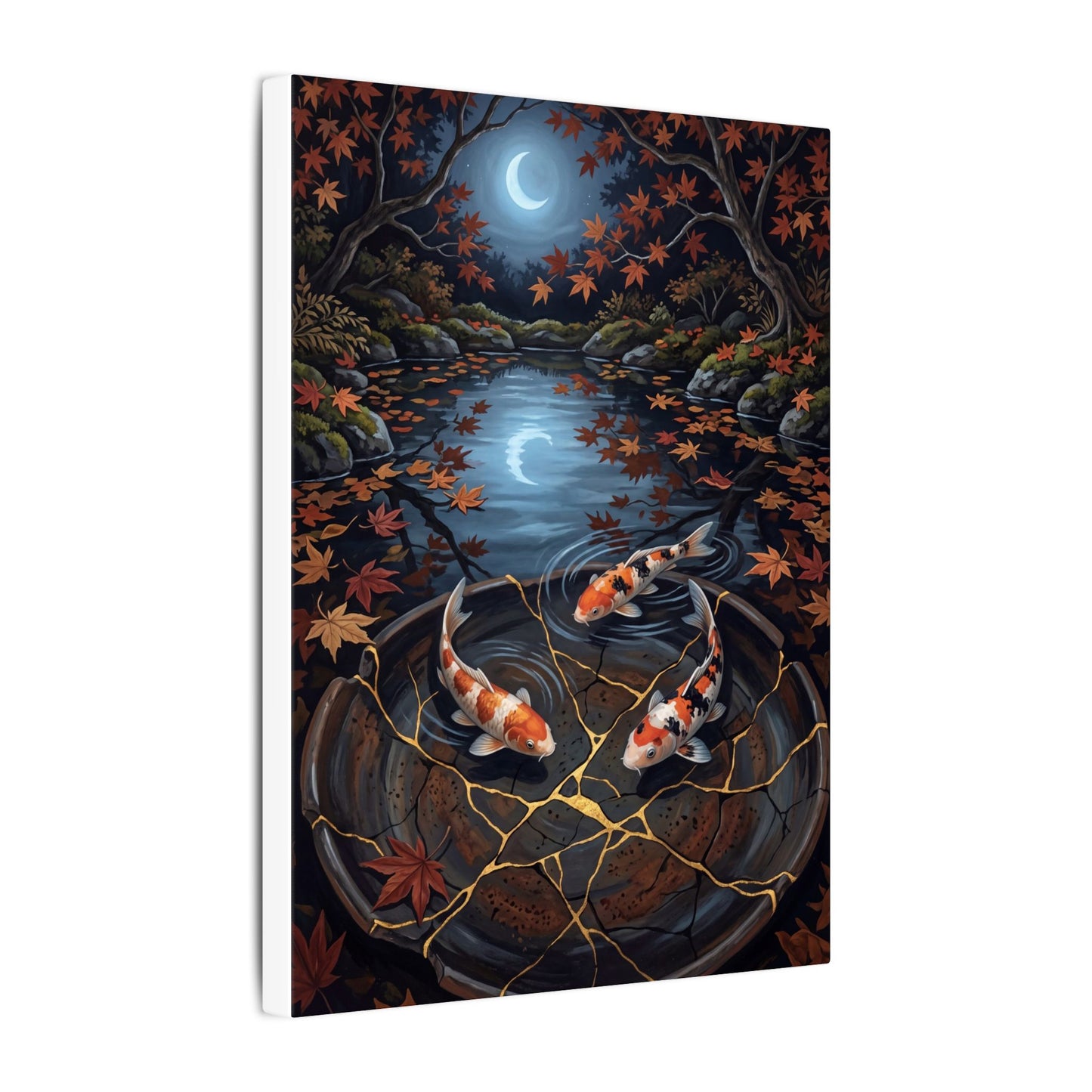 Koi Pond Canvas Art | Autumn Kintsugi Gold Repair Art