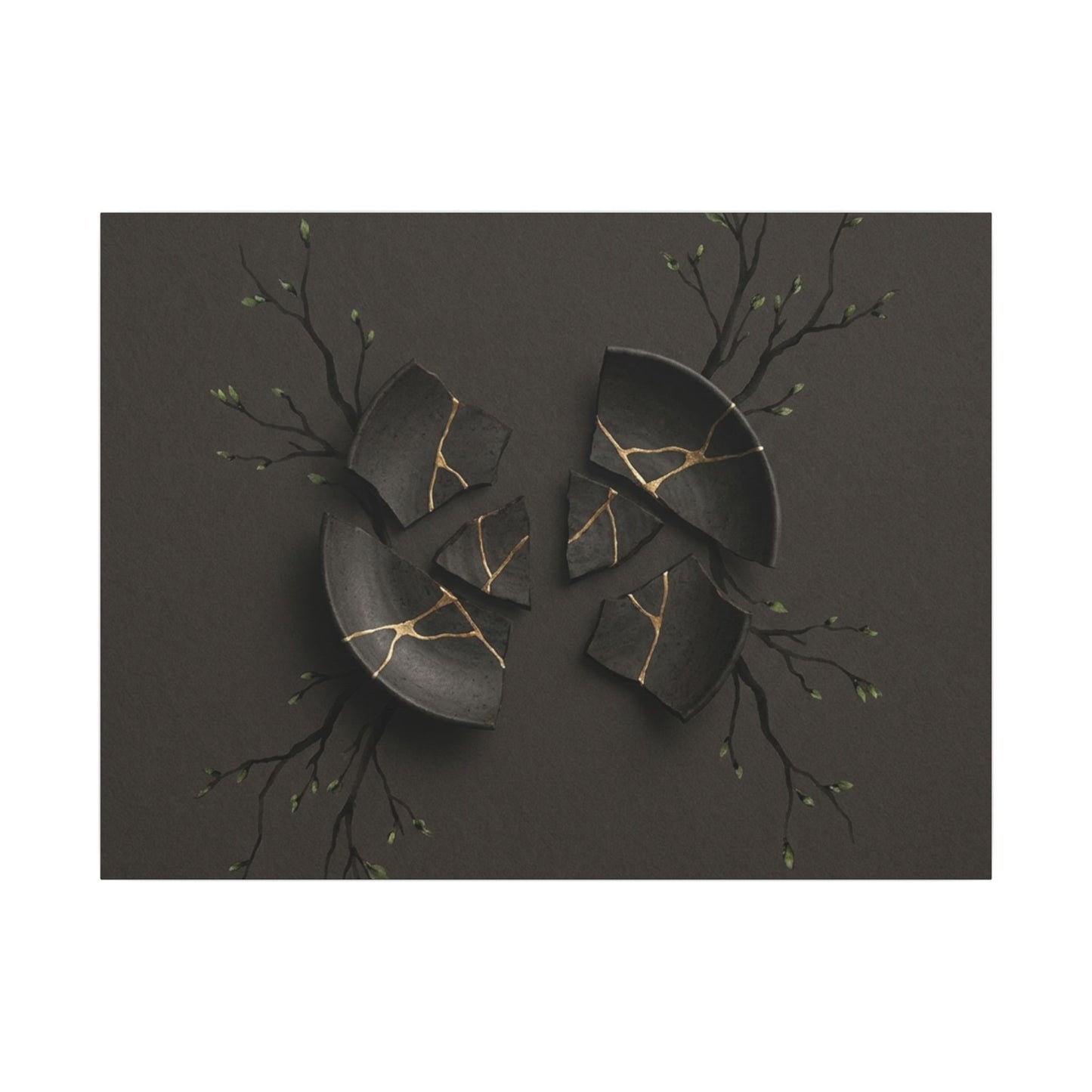 Sophisticated Broken Pottery Canvas Art - Charcoal Ink Dark Japandi