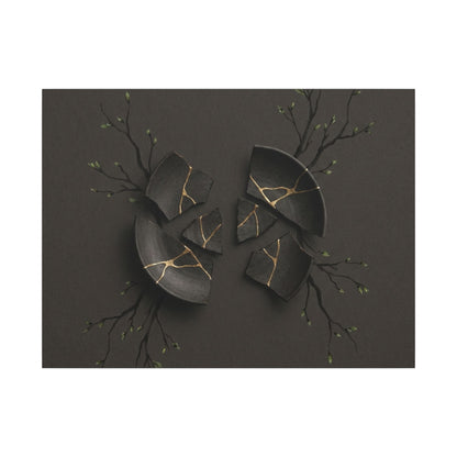 Sophisticated Broken Pottery Canvas Art - Charcoal Ink Dark Japandi