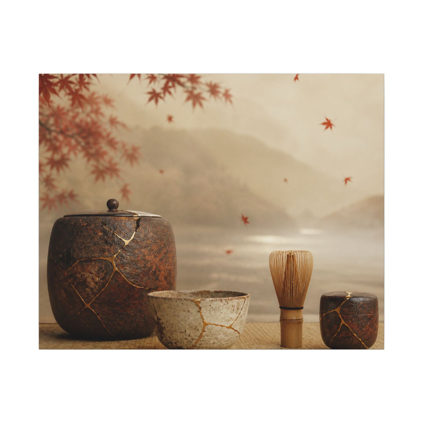 Tea Ceremony Canvas Art | Autumn Kintsugi Gold Vein Art