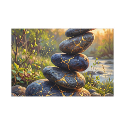 Spring River Stones Gold Repair Canvas Art | Healing Decor