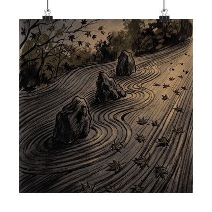 Rock Garden Autumn Wall Art Print | Dark Japandi Sophisticated Design