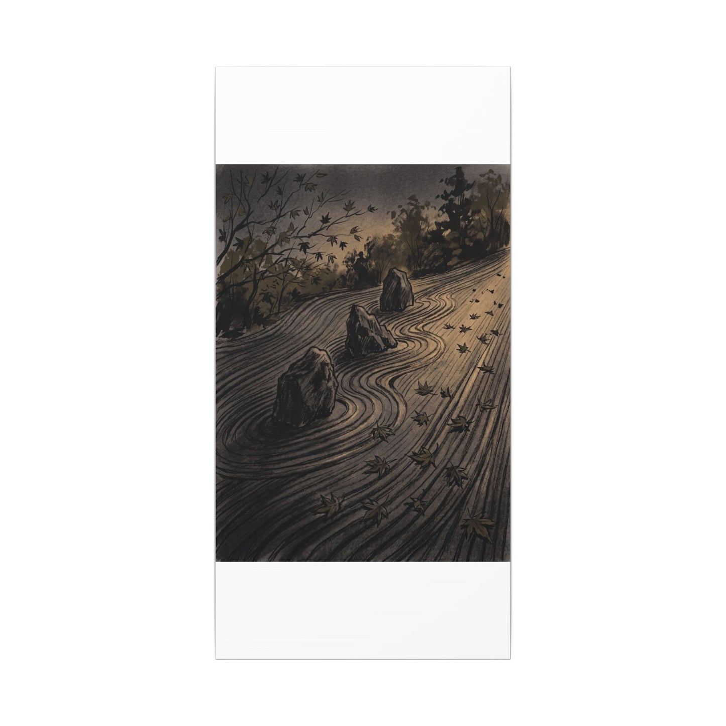 Rock Garden Canvas Art | Autumn Dark Japandi Charcoal Ink Art