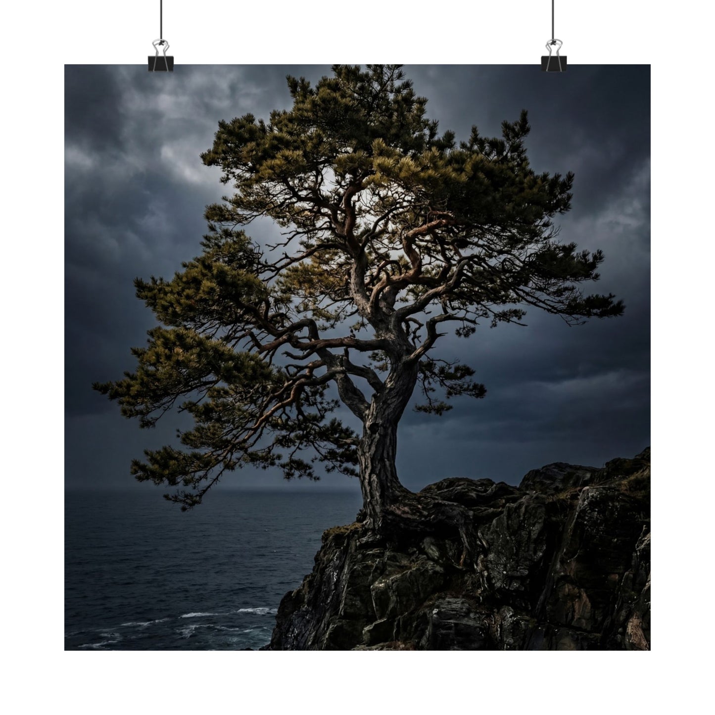 Pine Tree Moody Minimal Wall Art Print | Sophisticated Dark Japandi Art
