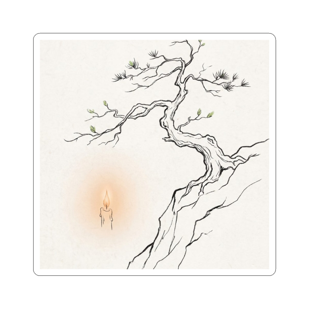 Japandi Pine Tree in Candlelight | Minimal Line Sticker Art Print