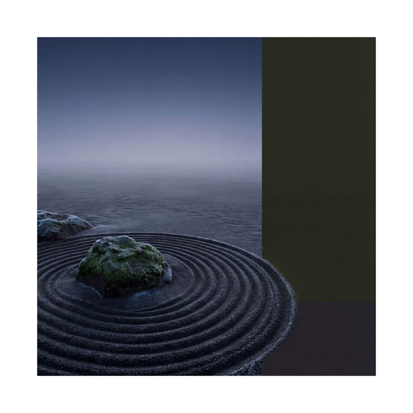 Dark Japandi Rock Garden in Dawn | Moody Minimal Wall Art Print