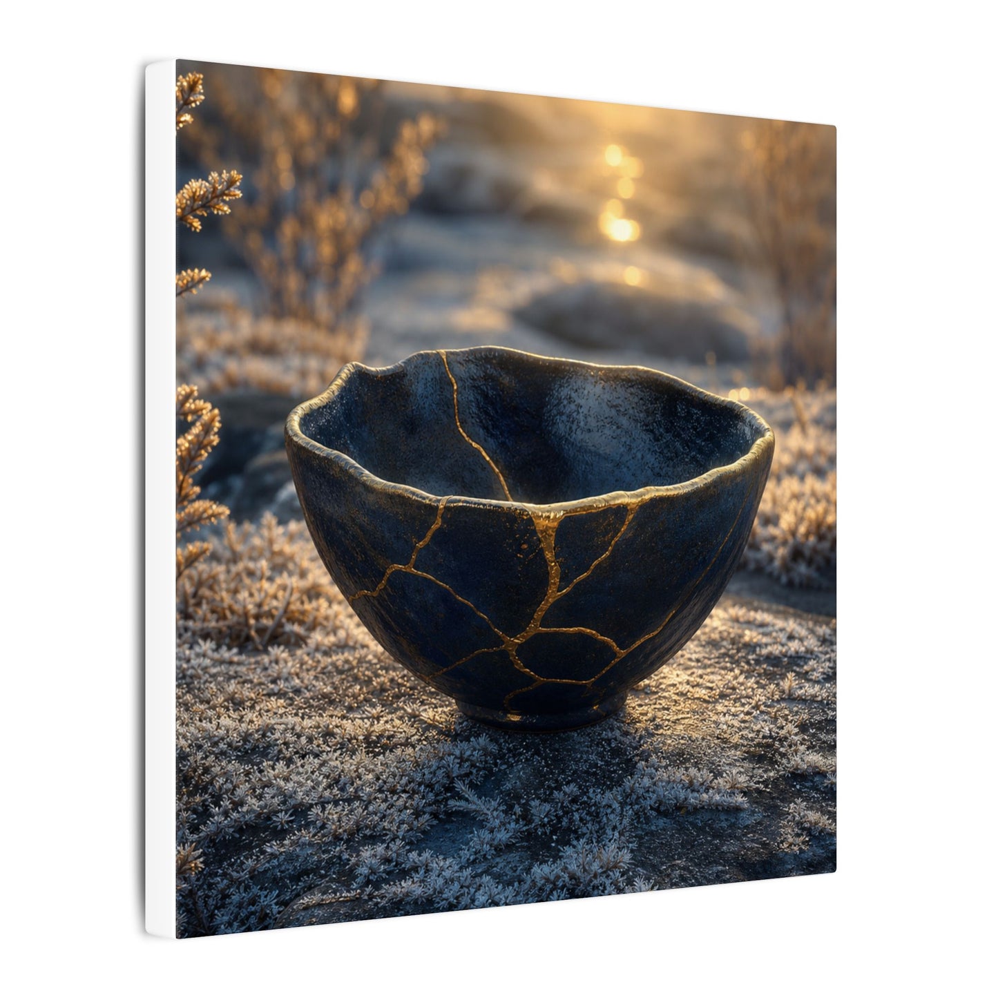 Ceramic Bowl Canvas Art | Winter Kintsugi Gold Repair Art