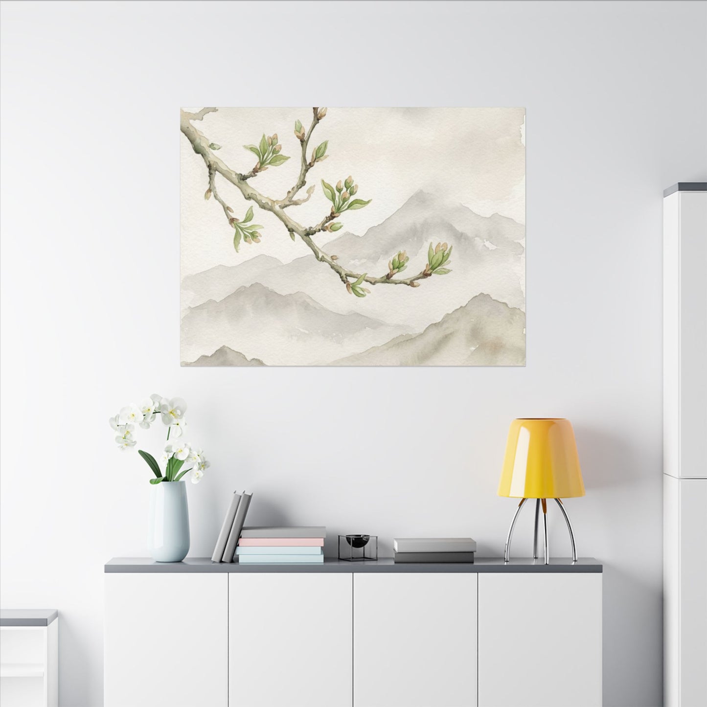 Spring Mountain Mist Watercolor Canvas Art | Cozy Decor