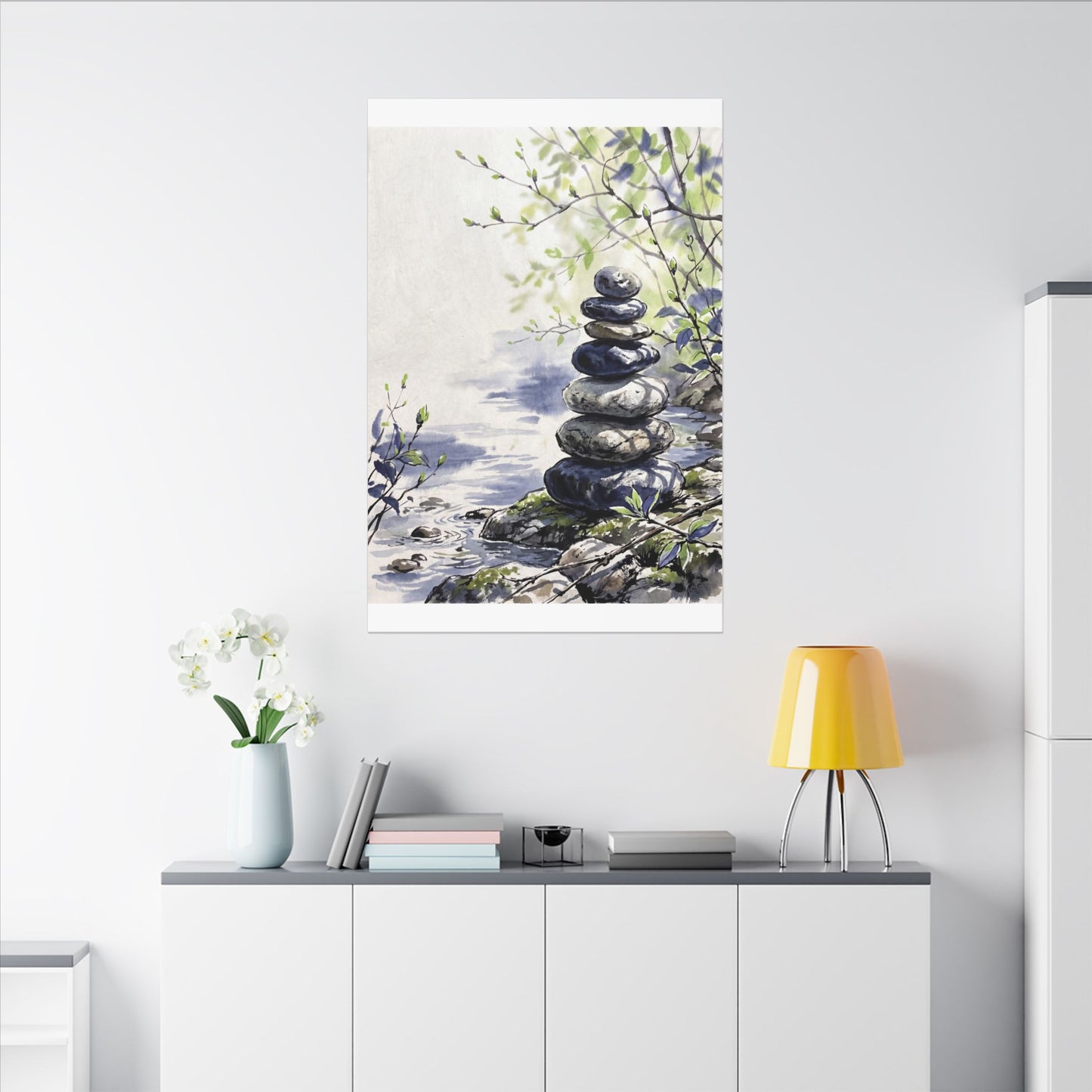 River Stones Sumi E Canvas Art | Serene Zen Art