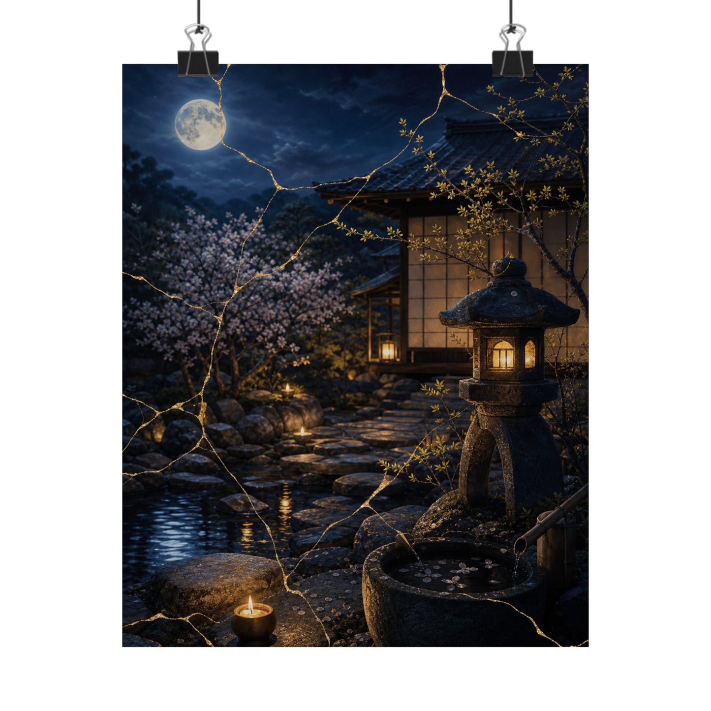 Spring Moonlit Garden Gold Vein Wall Art Print | Resilient Decor