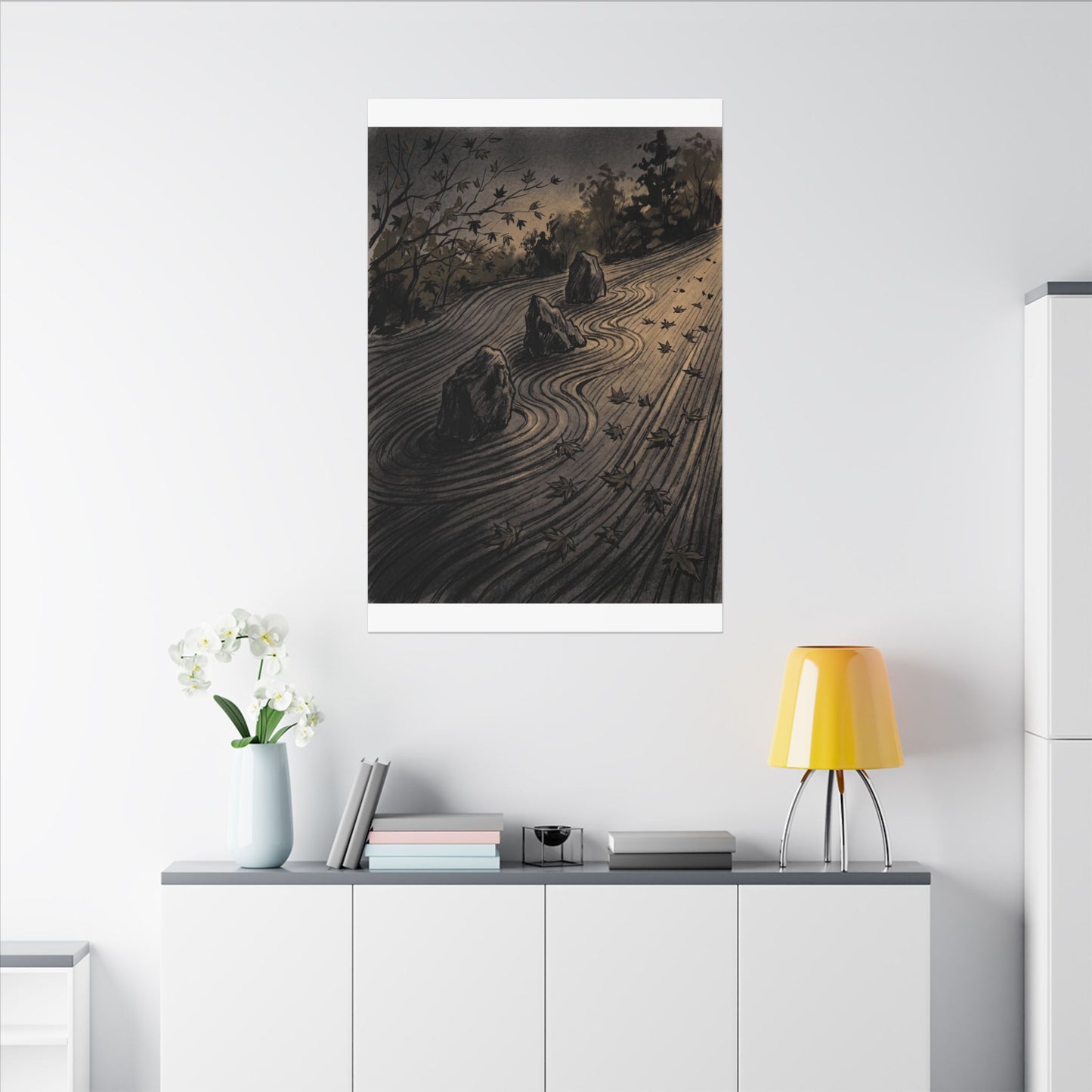 Rock Garden Canvas Art | Autumn Dark Japandi Charcoal Ink Art
