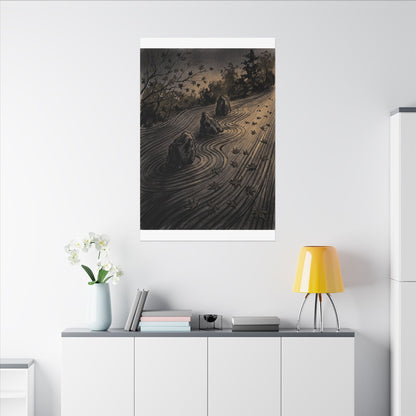 Rock Garden Canvas Art | Autumn Dark Japandi Charcoal Ink Art
