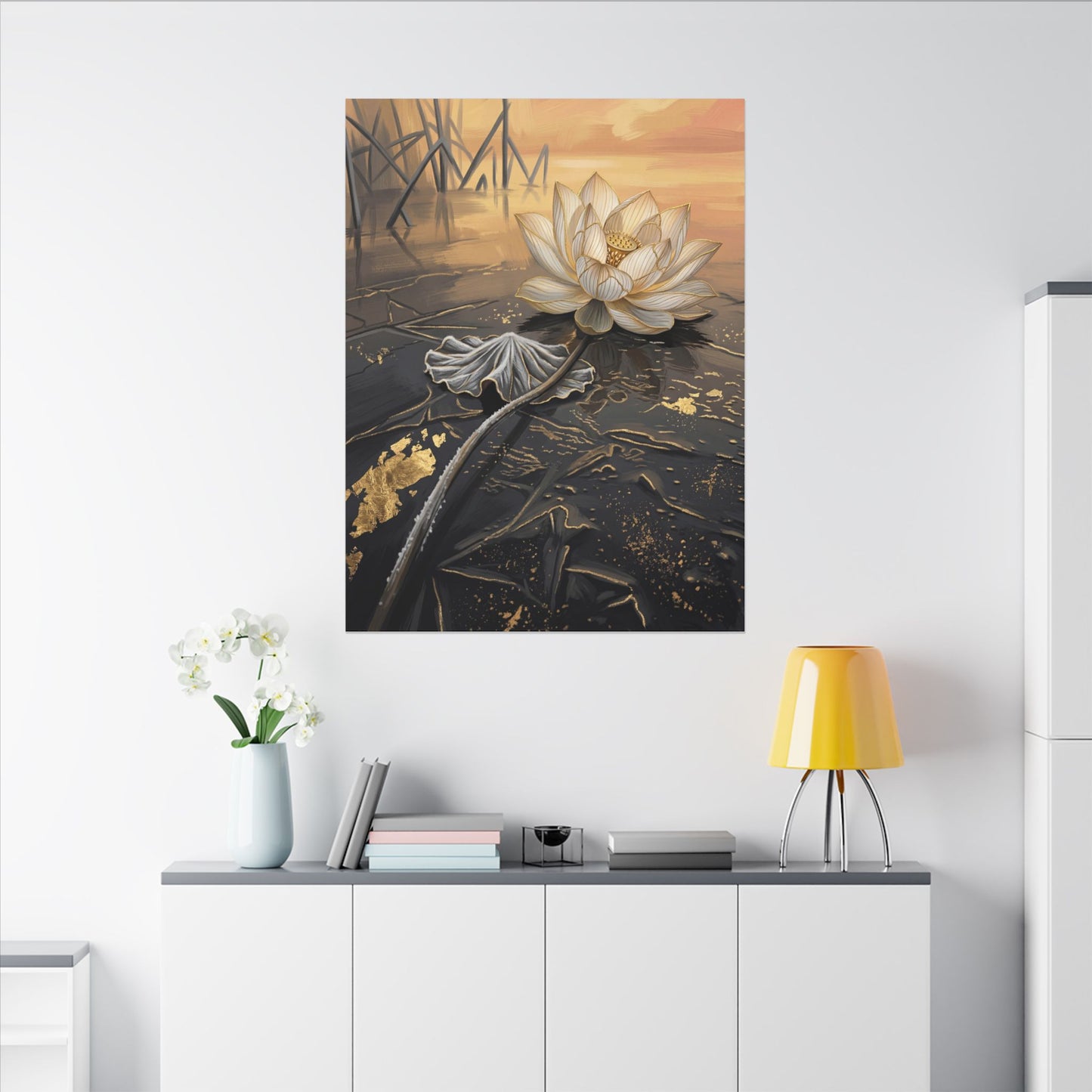 Kintsugi Lotus Flower in Golden Hour | Gold Vein Canvas Art