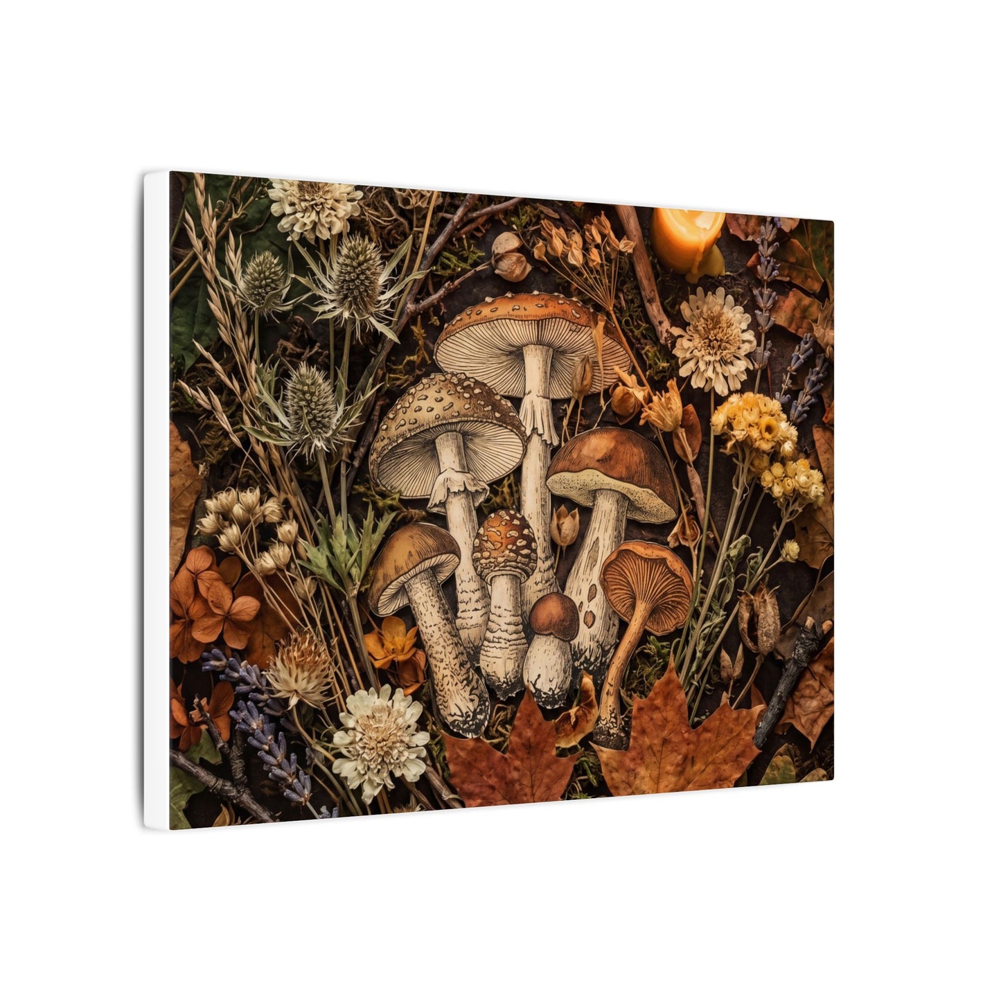 Autumn Dried Flowers Mushroom Illustration Canvas Art | Earthy Decor