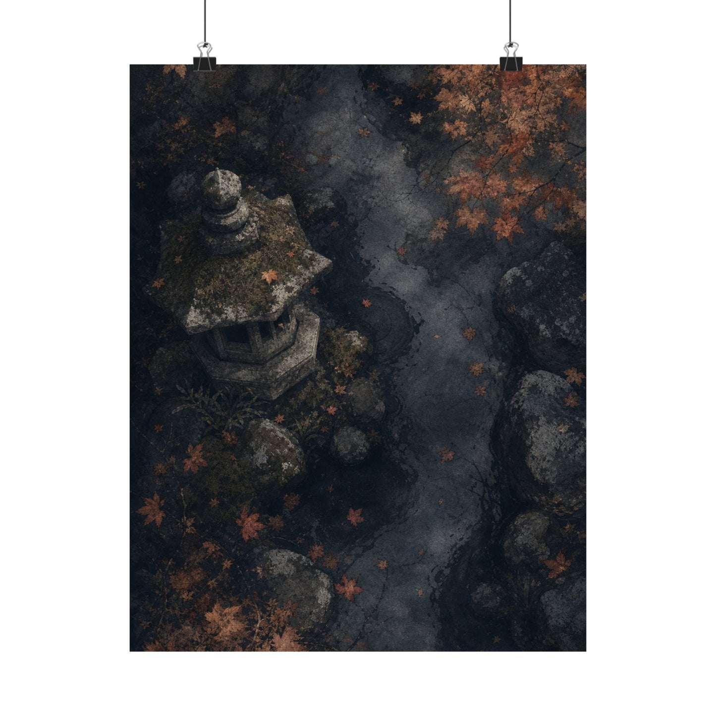 Japandi Stone Lantern in Moonlight | Texture Wall Art Print