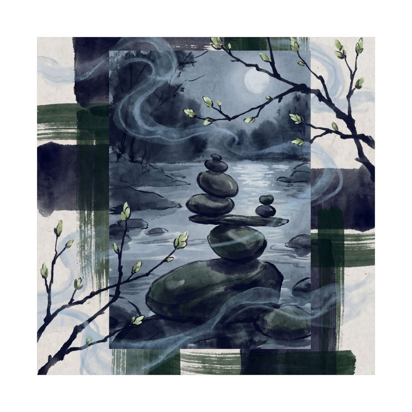 River Stones Wall Art Print | Spring Zen Sumi E Art