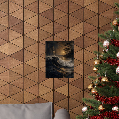 Dark Japandi Ocean Wave in Golden Hour | Dark Texture Wall Art Print