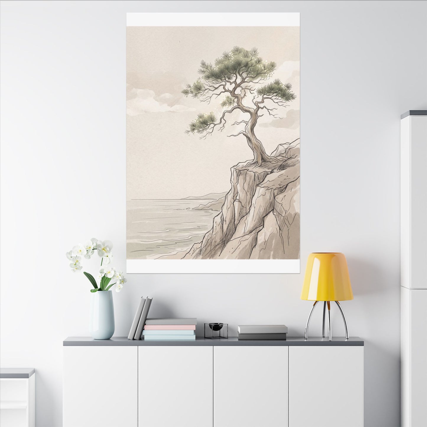 Japandi Pine Tree in Dappled | Minimal Line Canvas Art