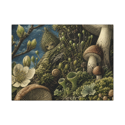 Cottagecore Moss Close Up in Moonlight | Vintage Botanical Canvas Art