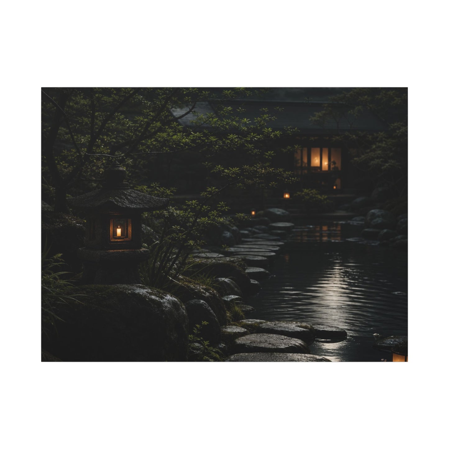 Moonlit Garden Shadow Zen Canvas Art | Sophisticated Dark Japandi Art