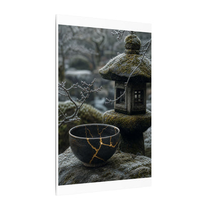 Stone Lantern Canvas Art | Winter Kintsugi Gold Repair Art