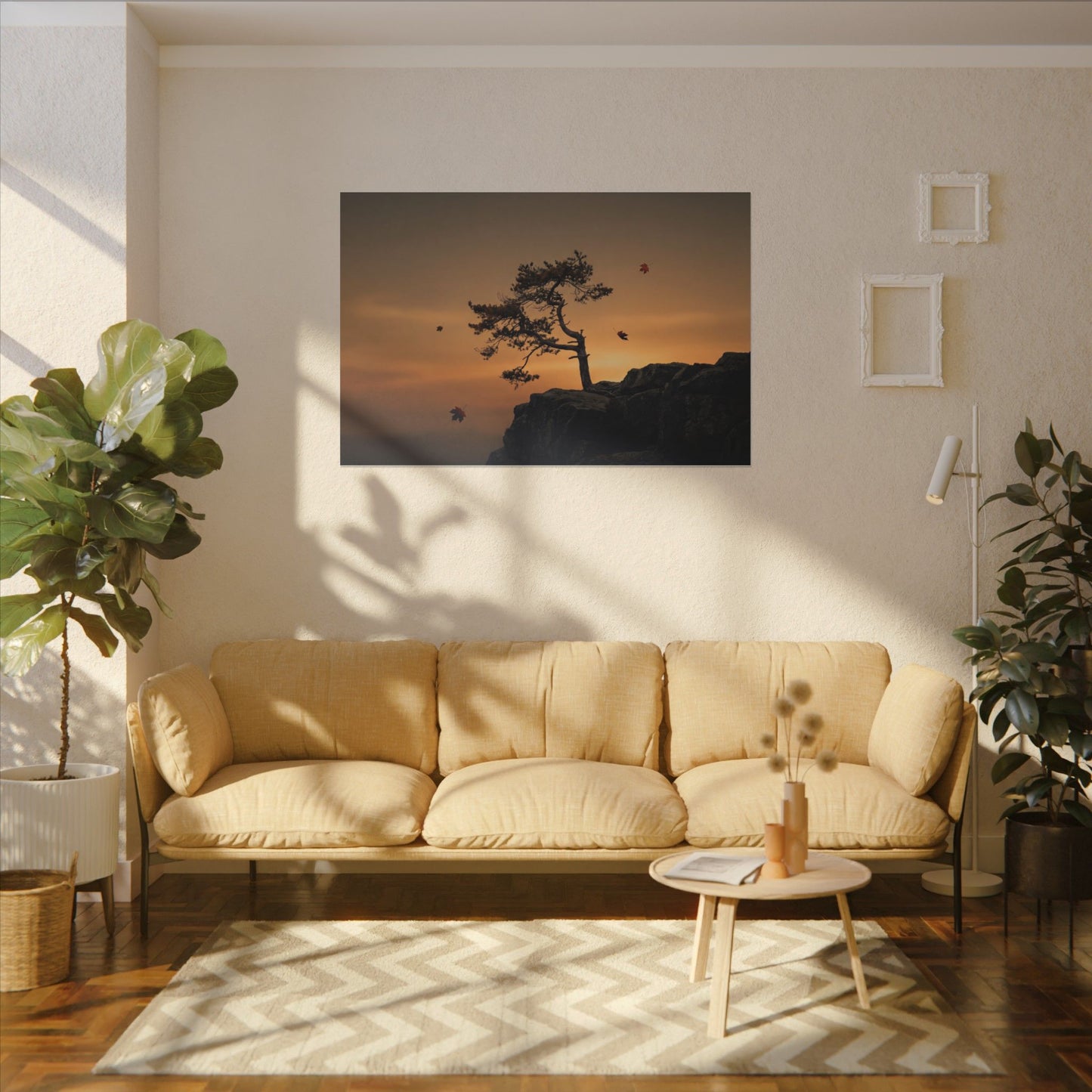 Dark Japandi Pine Tree in Golden Hour | Moody Minimal Canvas Art