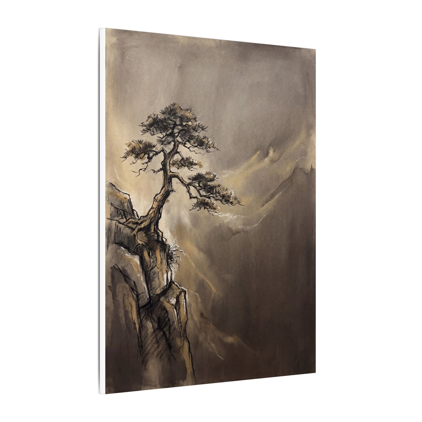 Pine Tree Charcoal Ink Canvas Art | Luxurious Dark Japandi Art