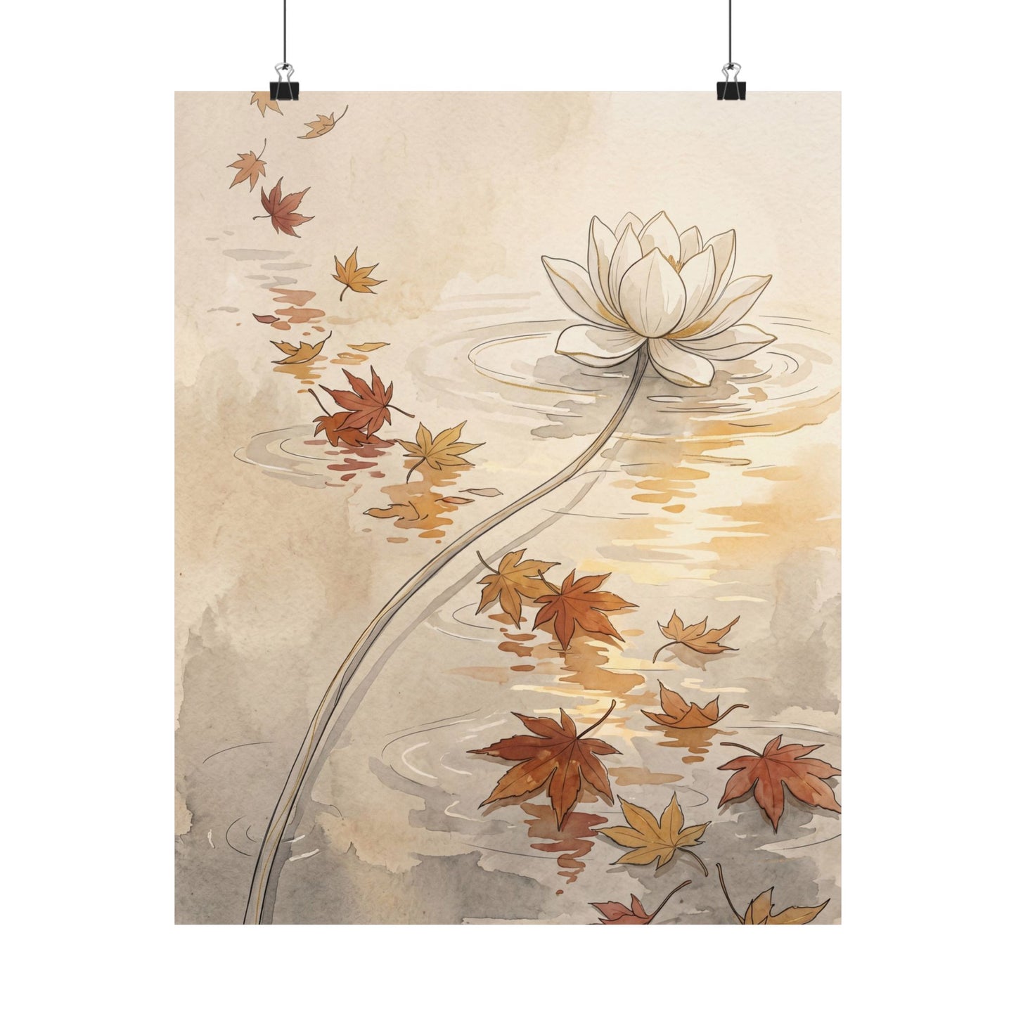 Japandi Lotus Flower in Golden Hour | Minimal Line Wall Art Print