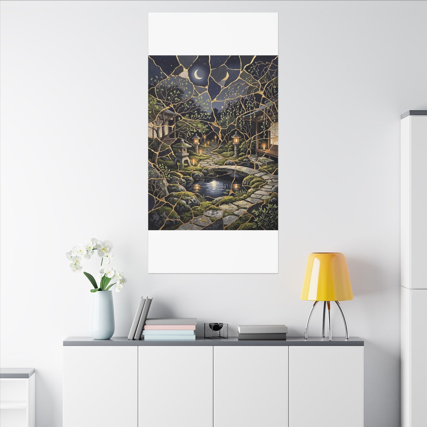 Kintsugi Moonlit Garden in Candlelight | Gold Vein Canvas Art