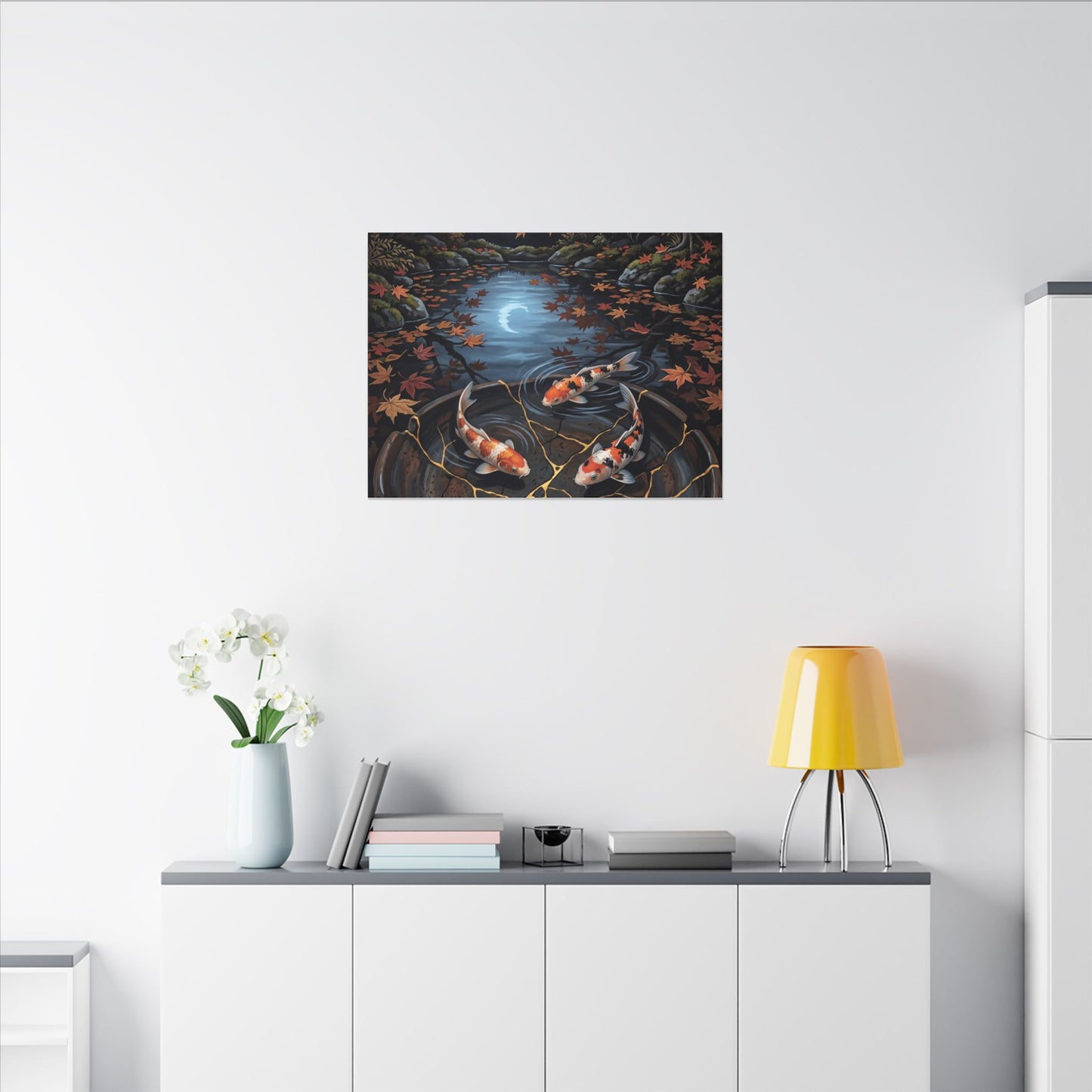 Koi Pond Canvas Art | Autumn Kintsugi Gold Repair Art
