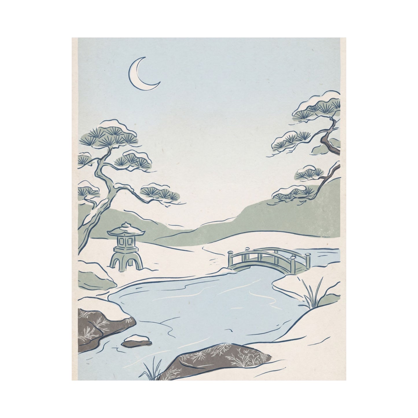 Moonlit Garden Minimal Line Wall Art Print | Neutral Japandi Art