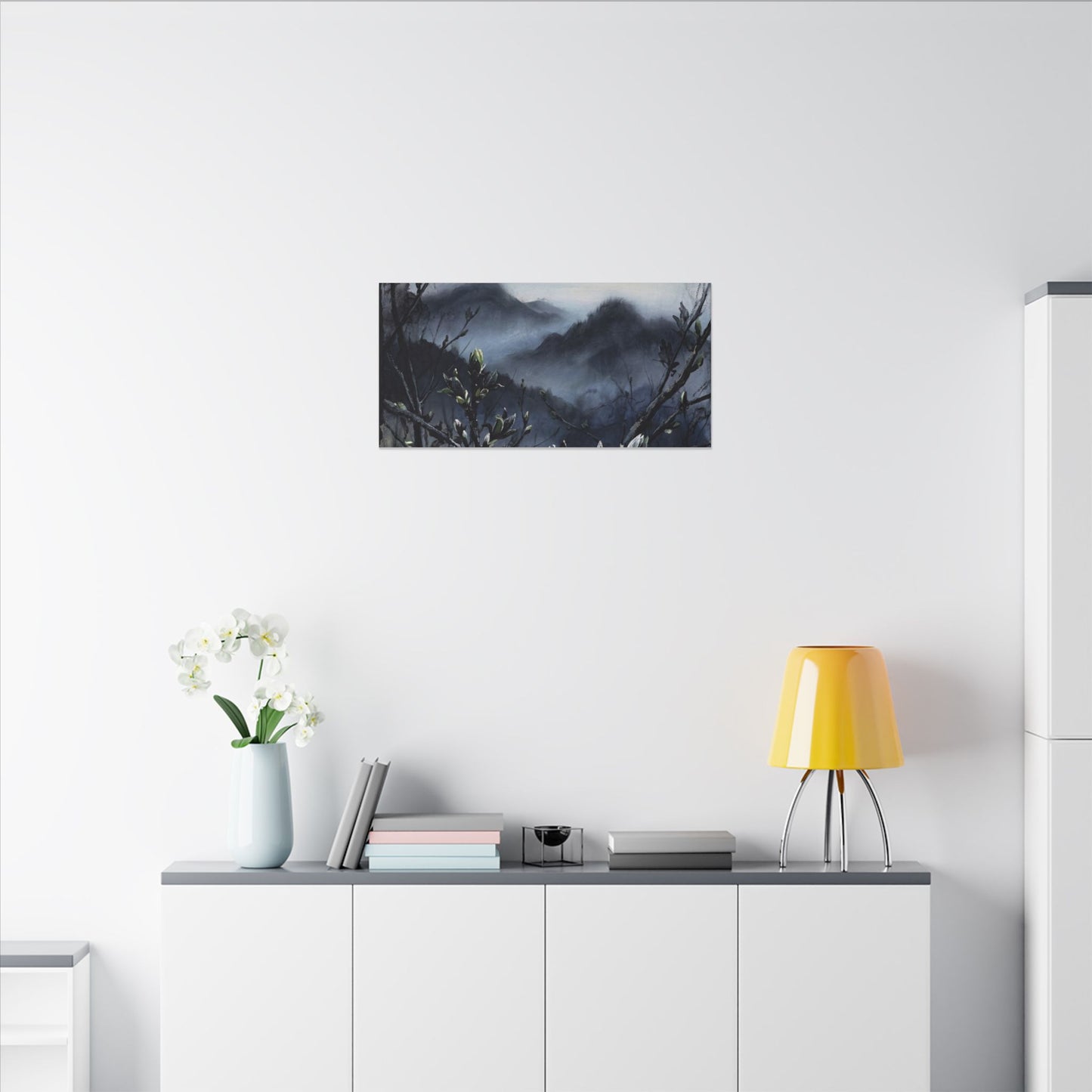 Mountain Mist Spring Canvas Art | Dark Japandi Atmospheric Design