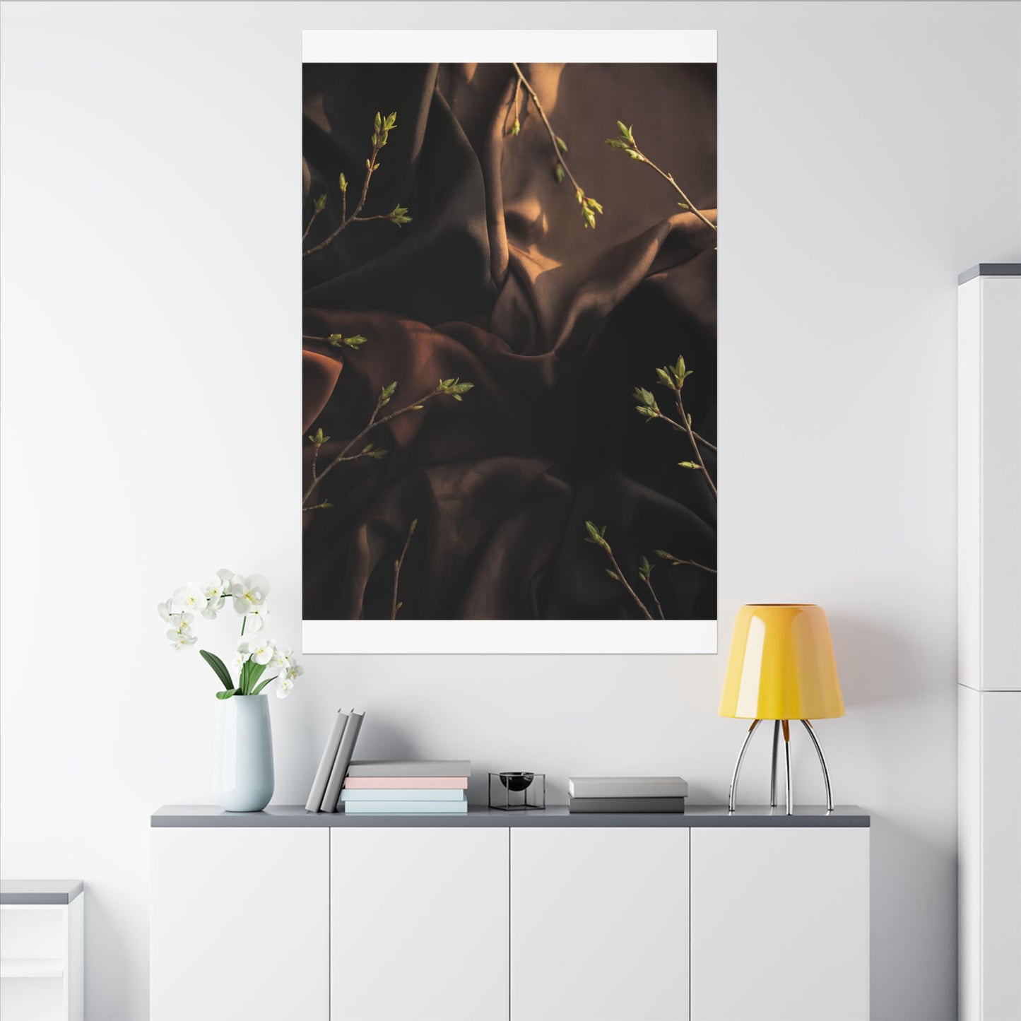Dark Japandi Silk Drape in Golden Hour | Moody Minimal Canvas Art