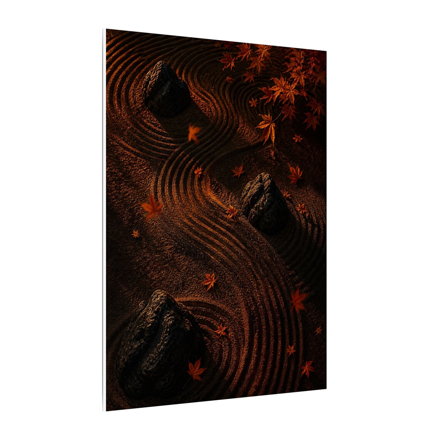 Dark Japandi Rock Garden in Golden Hour | Charcoal Ink Canvas Art