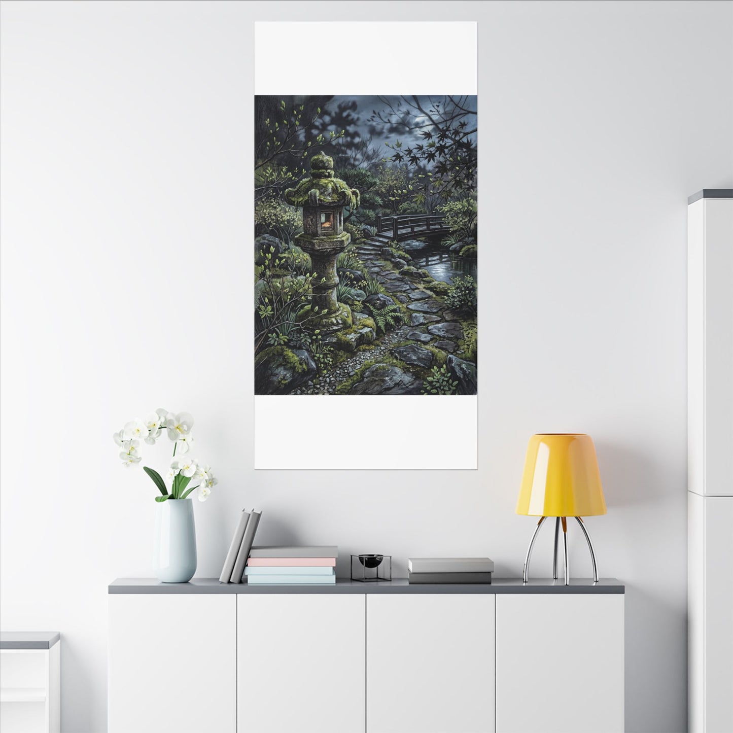 Japandi Stone Lantern in Moonlight | Texture Canvas Art